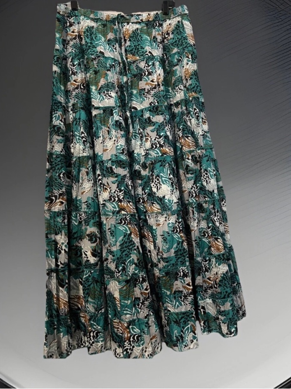 Kim Rogers Teal and Cream Floral Pleated Maxi Skirt Lg Teal Multi Tiered Lined